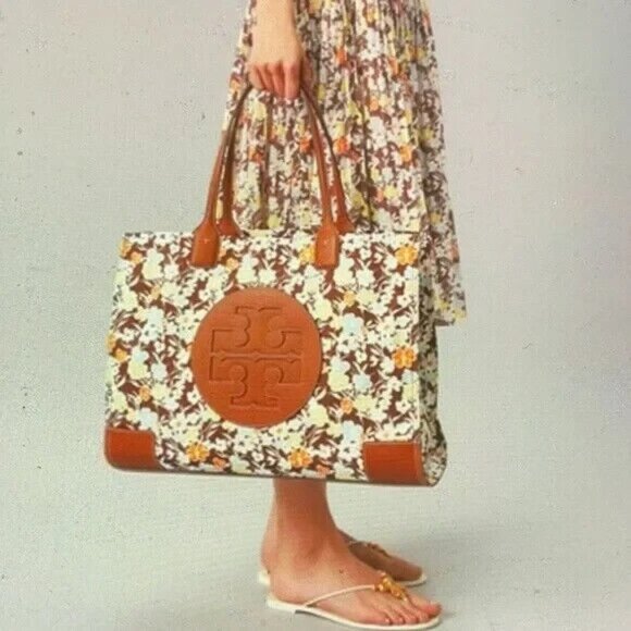 Tory Burch Handbags - Tory Burch Ella Printed Tote Bag Reverie Combo Floral Leather Trim Nylon Large